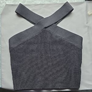 Quince Black Ribbed Knit Crop Top with Cross-Back Detail Sz SMALL